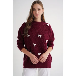 6946 Kadın Oversize Bisiklet Yaka Kurdeleli Triko Kazak Bordo