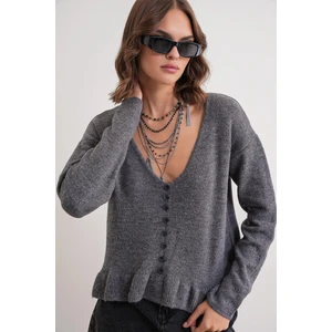 6954 Kadın Fırfır Detaylı V Yaka Triko Kazak Antrasit