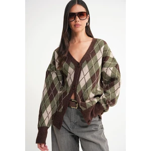 6937 Kadın Baklava Desenli Oversize Triko Hırka Haki