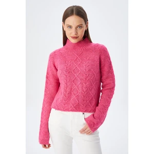 6855 Kadın Dik Yaka Saç Örgülü Triko Kazak Fuşya
