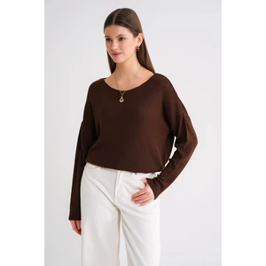 6933 Kadın Kayık Yaka Ince Mevsimlik Triko Kazak Kahve