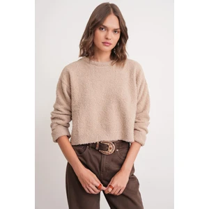 6917 Kadın Buklet Basic Triko Kazak Bej