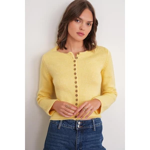 6957 Kadın Düğmeli Bisiklet Yaka Triko Hırka Sarı