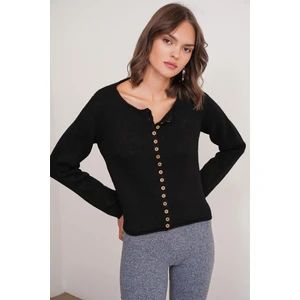 6957 Kadın Düğmeli Bisiklet Yaka Triko Hırka Siyah