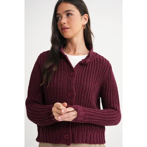 6936 Kadın Selanik Düğmeli Regular Fit Triko Hırka Bordo