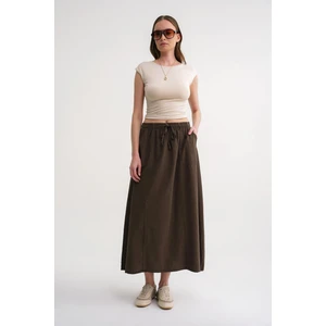 4633 Kadın Yandan Cepli Parçalı Etek Haki