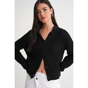 6936 Kadın Selanik Düğmeli Regular Fit Triko Hırka Siyah