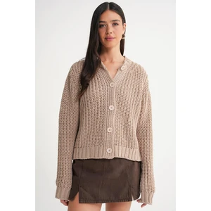 6936 Kadın Selanik Düğmeli Regular Fit Triko Hırka Camel