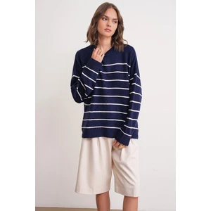6944 Kadın Salaş Yumuşak Dokulu Çizgili Triko Kazak Lacivert