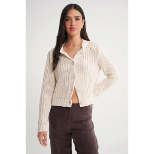 6936 Kadın Selanik Düğmeli Regular Fit Triko Hırka Naturel