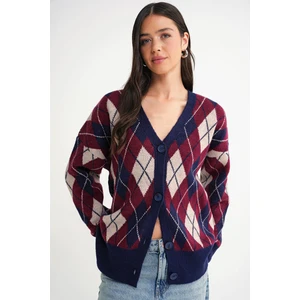 6937 Kadın Baklava Desenli Oversize Triko Hırka Lacivert