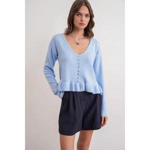 6954 Kadın Fırfır Detaylı V Yaka Triko Kazak Bebe Mavi