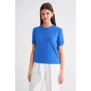 6935 Kadın Basic Triko Kısa Kollu Kazak Mavi