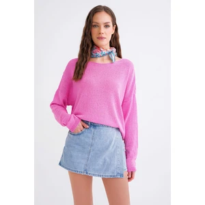 6933 Kadın Kayık Yaka Ince Mevsimlik Triko Kazak Pembe