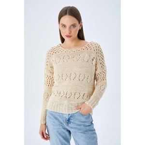 6859 Kadın Kayık Yaka Ajurlu Mevsimlik Triko Kazak Bej