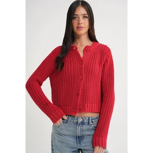 6936 Kadın Selanik Düğmeli Regular Fit Triko Hırka Kırmızı
