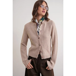 6951 Kadın Bisiklet Yaka Düğmeli Triko Kısa Hırka Bej