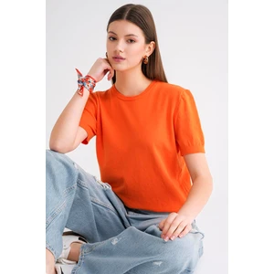 6935 Kadın Basic Triko Kısa Kollu Kazak Turuncu