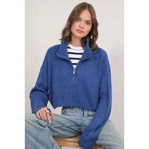 6752 Kadın Crop Fermuarlı Kazak Indigo