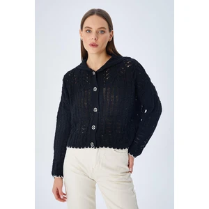 6861 Kadın Ajurlu Etek Ucu Renkli Triko Hırka Siyah