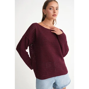 6942 Kadın Kayık Yaka  Mevsimlik  Ajurlu Kazak Bordo