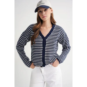 6948 Kadın V Yaka Ince Çizgili Triko Hırka Lacivert
