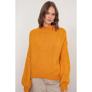 6700 Kadın Dik Yaka Balon Triko Kazak Hardal