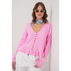 6954 Kadın Fırfır Detaylı V Yaka Triko Kazak Pembe