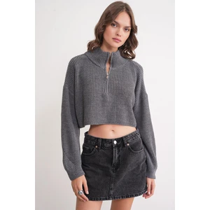 6752 Kadın Crop Fermuarlı Kazak Antrasit