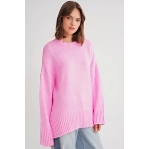 6925 Kadın Geniş Kollu Yumuşak Dokulu Triko Kazak Pembe