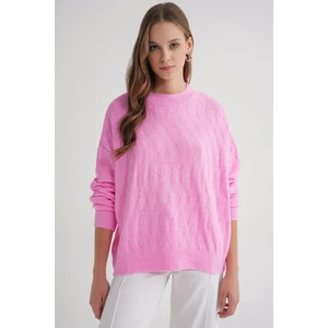 6947 Kadın Kendinden Desenli Oversize Triko Kazak Pembe