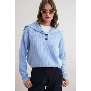 6900 Kadın Düğmeli Devrik Yaka Triko Kazak Bebe Mavi