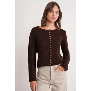 6957 Kadın Düğmeli Bisiklet Yaka Triko Hırka Kahve