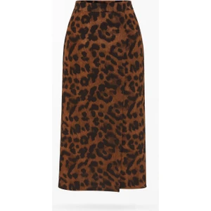 4615 Kadın Yırtmaçlı Leopar Desen Kalem Etek Kahve