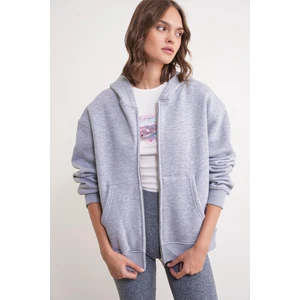 2023 Unisex 3iplik Basic Polarlı Fermuarlı Sweatshirt Hoodie Gri