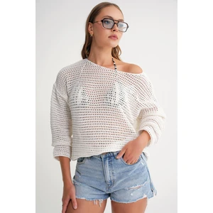 6942 Kadın Kayık Yaka  Mevsimlik  Ajurlu Kazak Beyaz