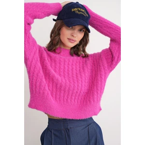 6893 Kadın Saç Örgülü Sakallı Crop Triko Kazak Fuşya