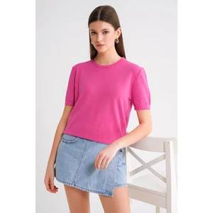 6935 Kadın Basic Triko Kısa Kollu Kazak Pembe