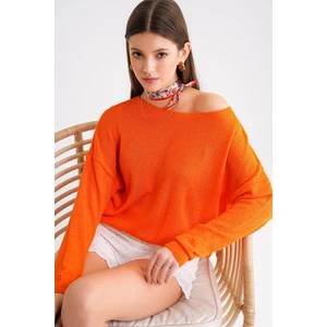 6933 Kadın Kayık Yaka Ince Mevsimlik Triko Kazak Turuncu
