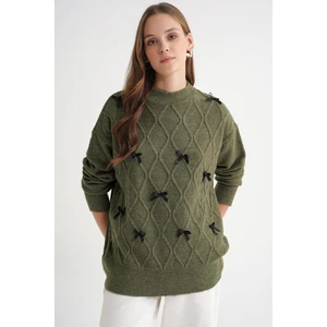 6946 Kadın Oversize Bisiklet Yaka Kurdeleli Triko Kazak Haki