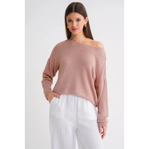 Kadın Kayık Yaka Pudra Renk Ince Mevsimlik Triko Kazak Uzun Kol Basic Stil