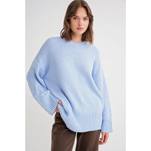 6925 Kadın Geniş Kollu Yumuşak Dokulu Triko Kazak Bebe Mavi