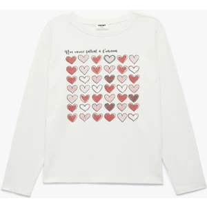 Uzun Kollu Pamuklu Bisiklet Yaka Simli Kalp Baskılı Tişört