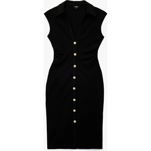 Drapeli V Yaka Midi Boy Düğmeli Kolsuz Gömlek Elbise