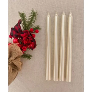 4'lü Metalik İnci Beyaz-Şamdan Mum-Konik Mum