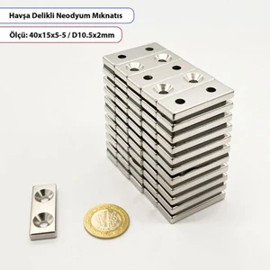 Havşa Delikli Neodyum Mıknatıs 40X15X5MM-HAVŞA-10.5 -Delik-2mm
