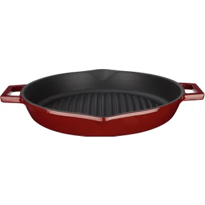 Döküm Yuvarlak Izgara Tavası Döküm Demir Yekpare Çift Kulplu Konkav Taban 15MM. ÇAP(Ø)30CM.-BORDO