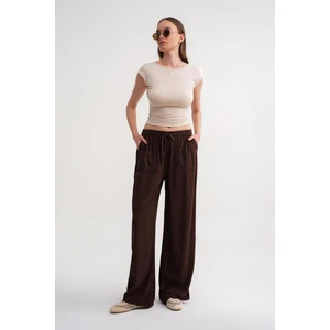 4629 Kadın Bol Paça Yüksek Bel Viskon Palazzo Pantolon Kahve