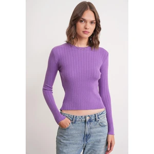 6938 Kadın Bisiklet Yaka Fitilli Triko Body Mor