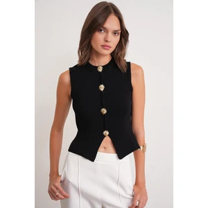 6962 Kadın Gold Düğmeli Triko Yelek Siyah